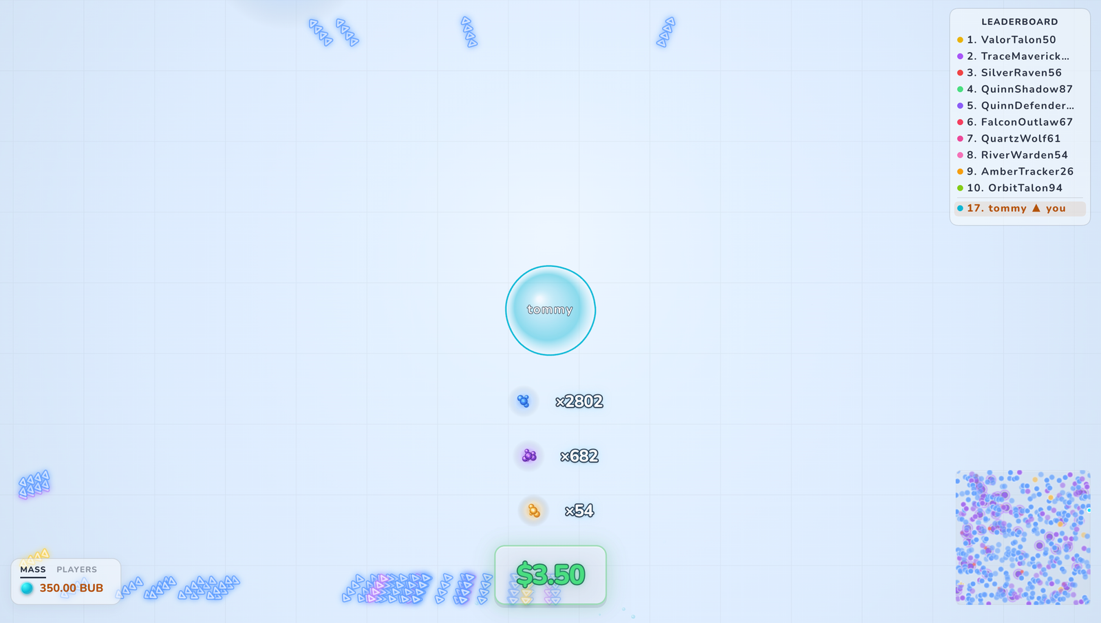 BubbleBet active arena: player bubble, leaderboard, mass, entity counts, cash-out value and minimap