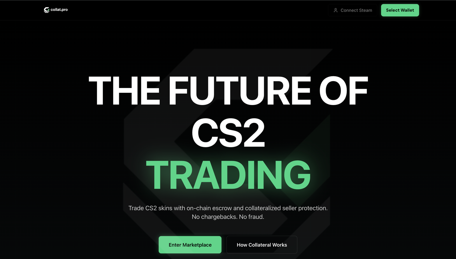 collat.pro landing page: The Future of CS2 Trading, with Connect Steam and Select Wallet in the header